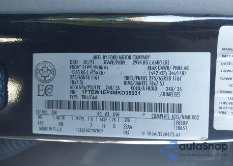 2021 Ford F-150 Lariat z USA, uszkodzony, nr VIN 1FTEW1EP4MKD35031